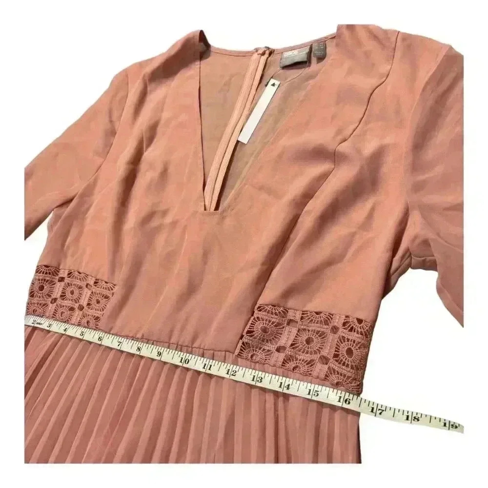 ASOS NWT Rose Pink Lace, Ruffle, Pleating Details Long Sleeve Midi Dress - Picture 10 of 15